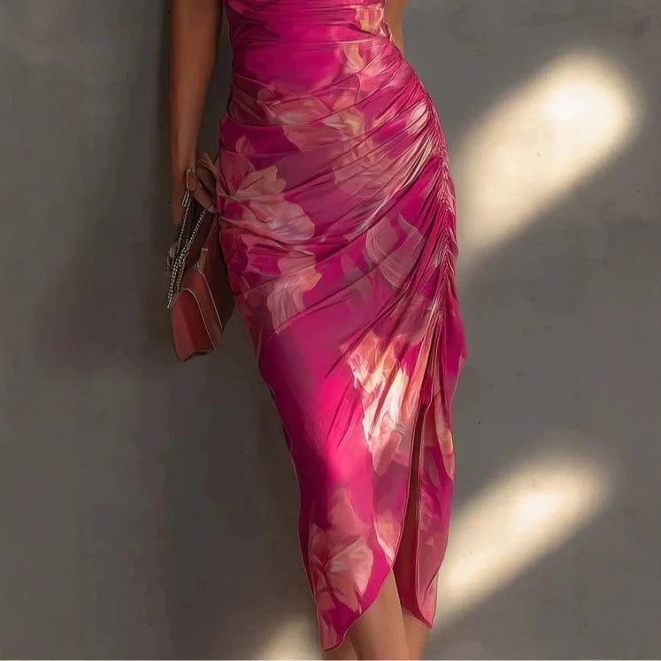 Robe longue moulante à bretelles imprimées, dos nu et fente haute