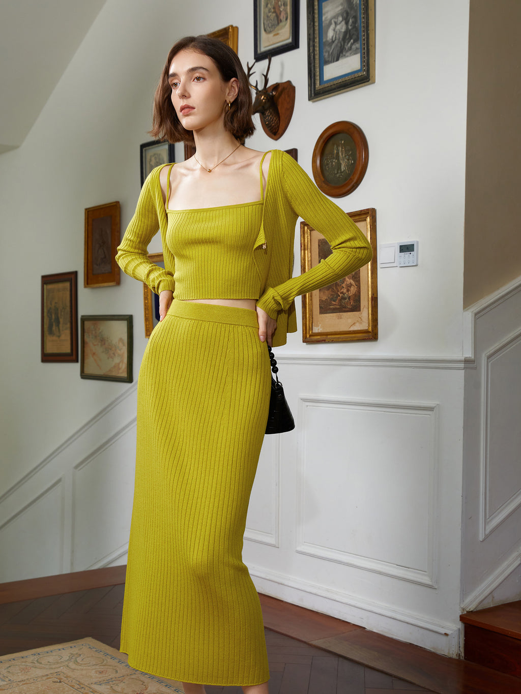 Three-Piece Knit Set: Cami, Cardigan & Skirt