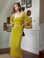 Three-Piece Knit Set: Cami, Cardigan & Skirt