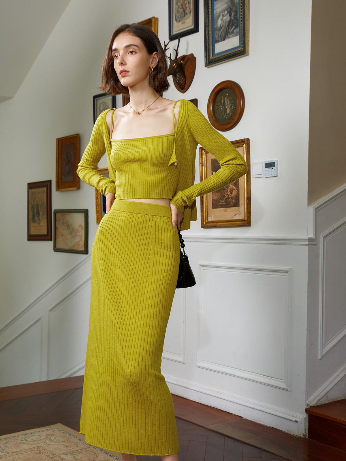 Three-Piece Knit Set: Cami, Cardigan & Skirt