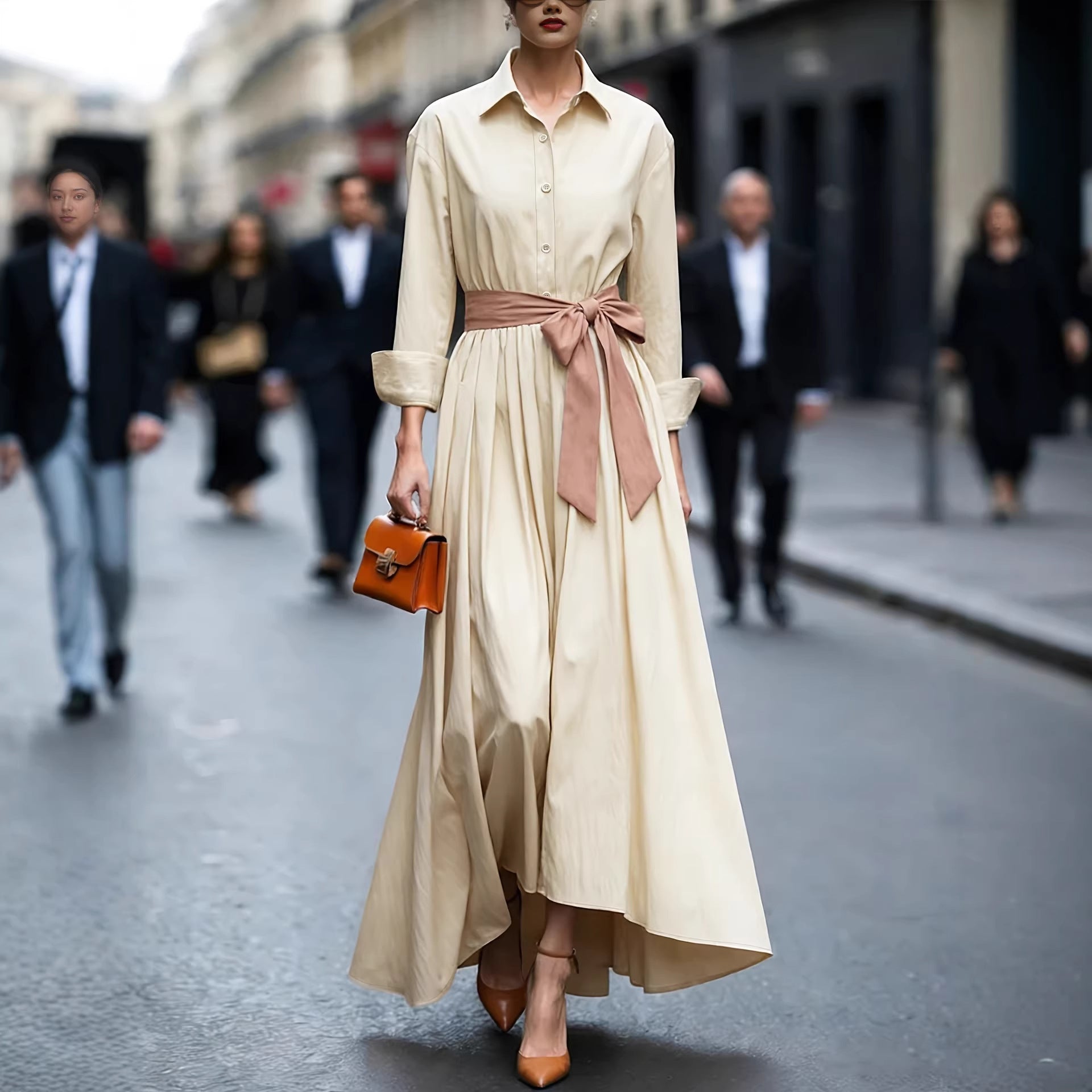Long-Sleeve Collared Maxi Dress