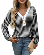 Color-Block V-Neck Button Top