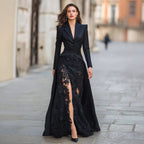 Vestido de dos piezas de manga larga con cuello de traje y encaje elegante