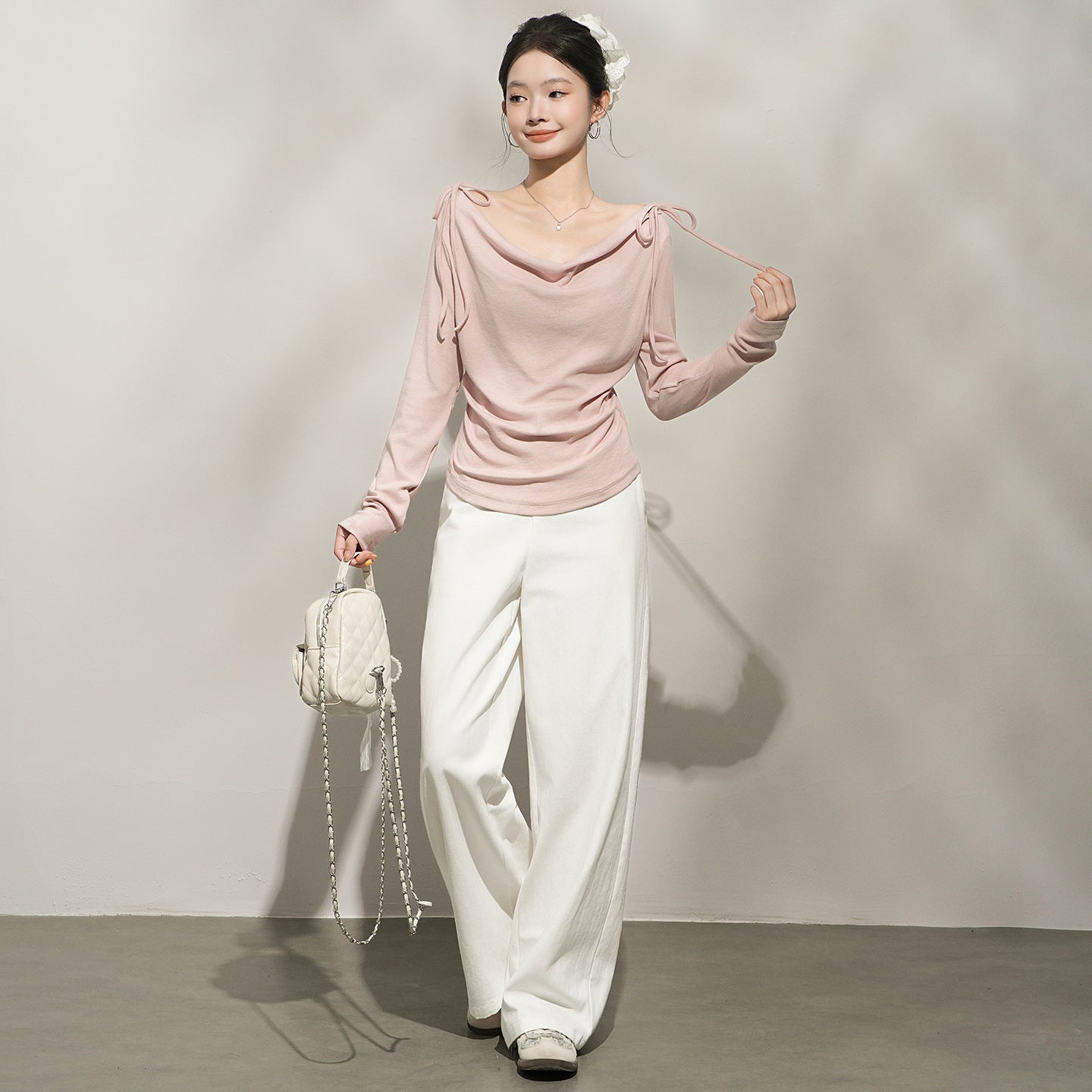 Haut chic rose à épaules dénudées et manches longues pour femme, couche intérieure à encolure asymétrique