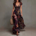 Painted-Print Deep V-Neck Maxi Dress