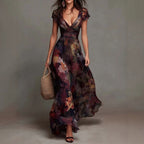 Painted-Print Deep V-Neck Maxi Dress