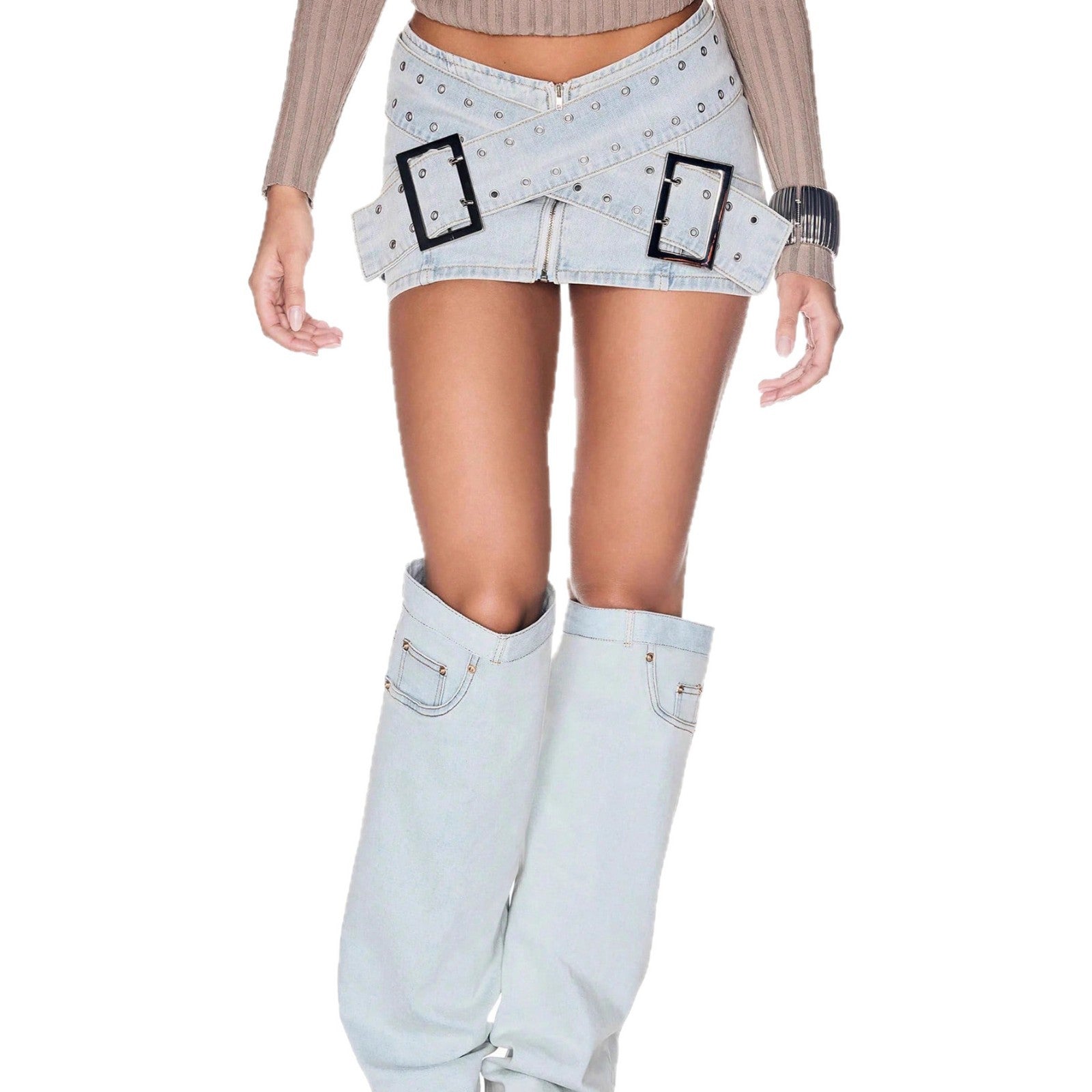 Buckle-Waist Denim Mini Skirt