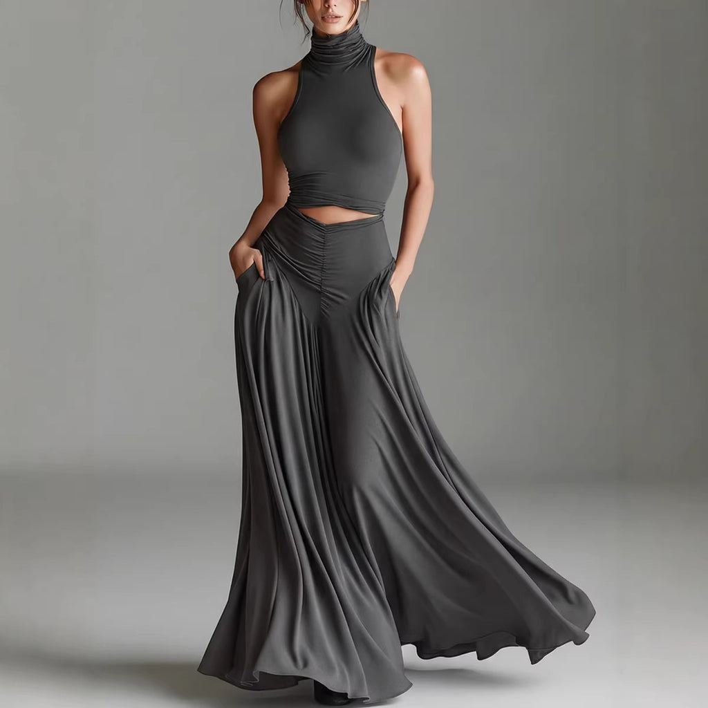 Ensemble deux pièces style top sans manches col montant et élégante robe longue