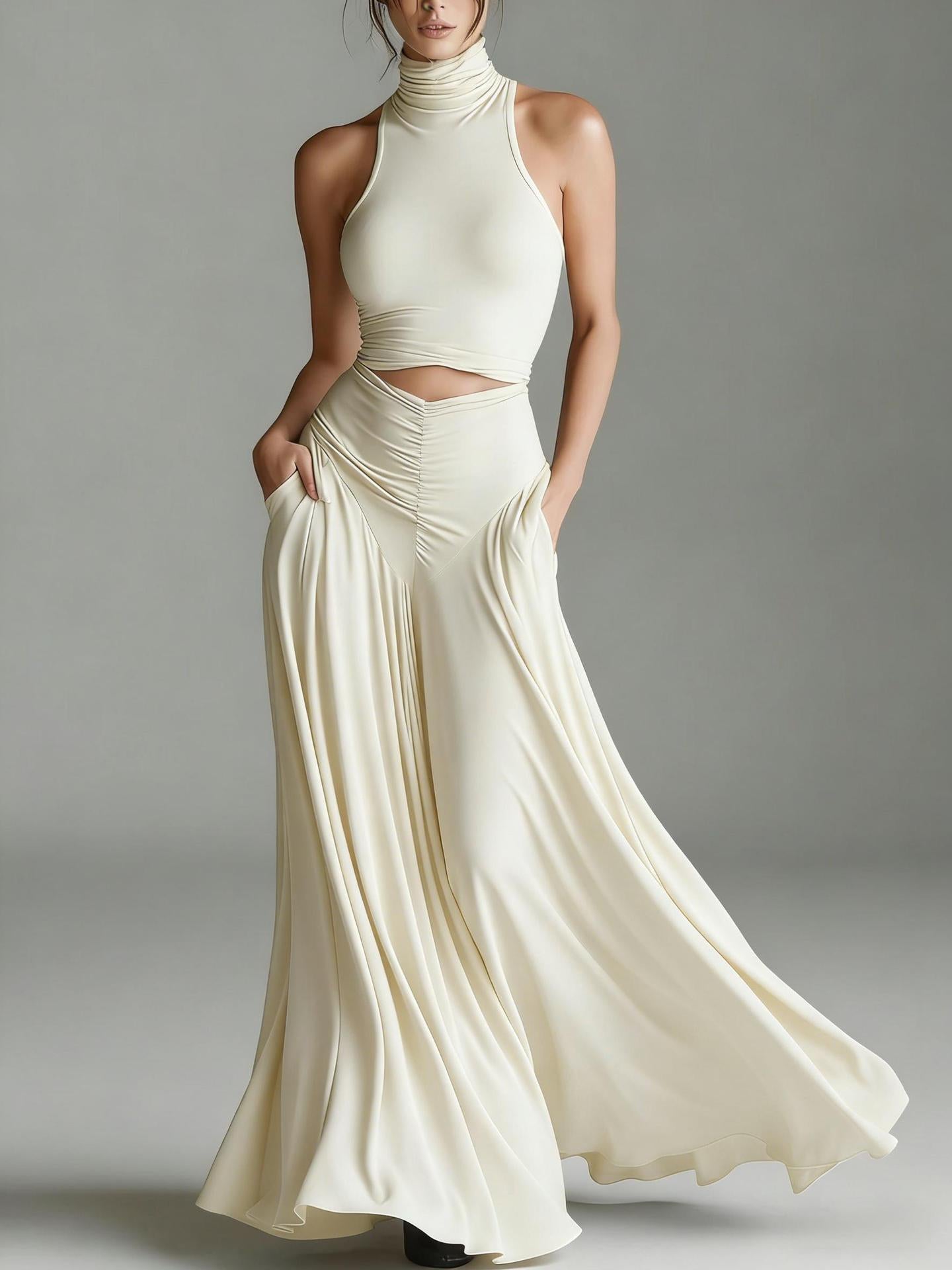 Ensemble deux pièces style top sans manches col montant et élégante robe longue
