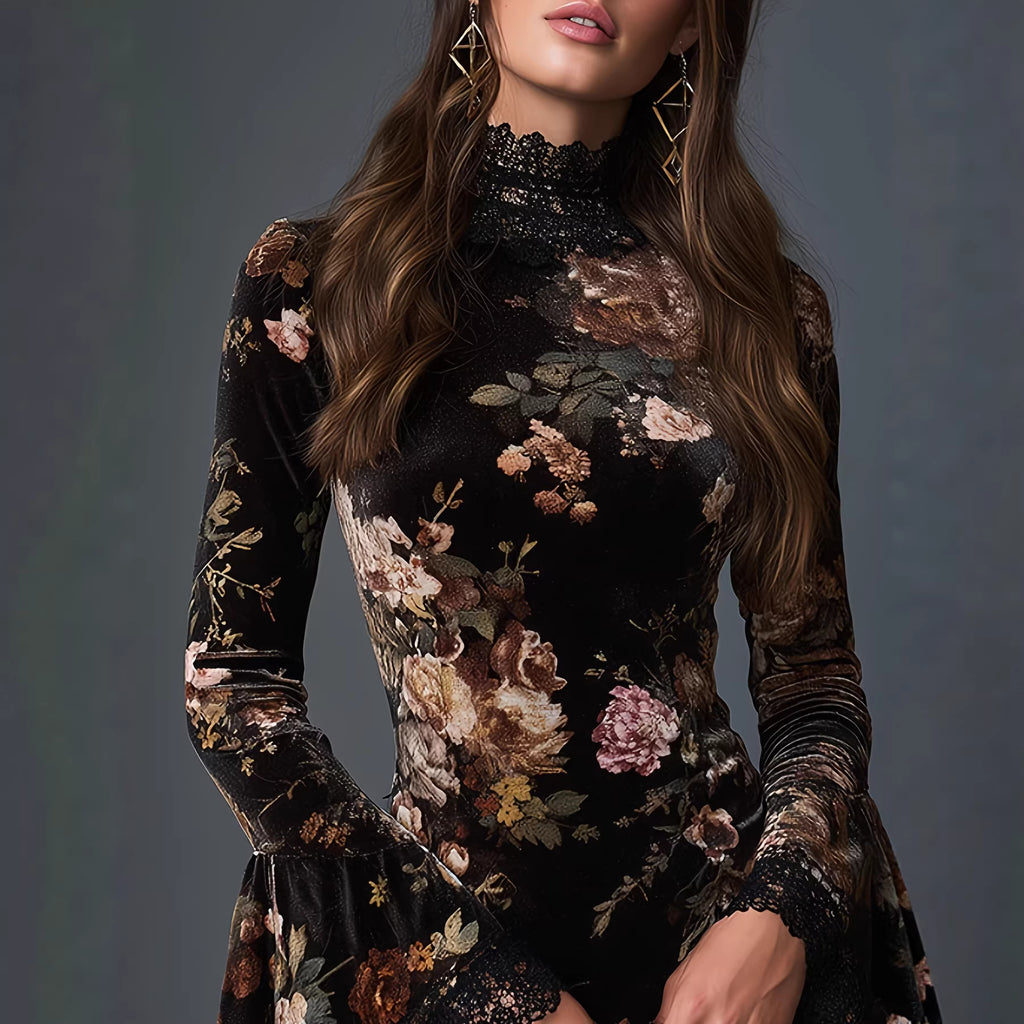 Floral Lace-Panel Flare-Sleeve Mini Dress in Floral Pattern - view 2