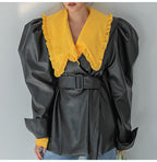 Puff-Sleeve Belted Faux Leather Jacket