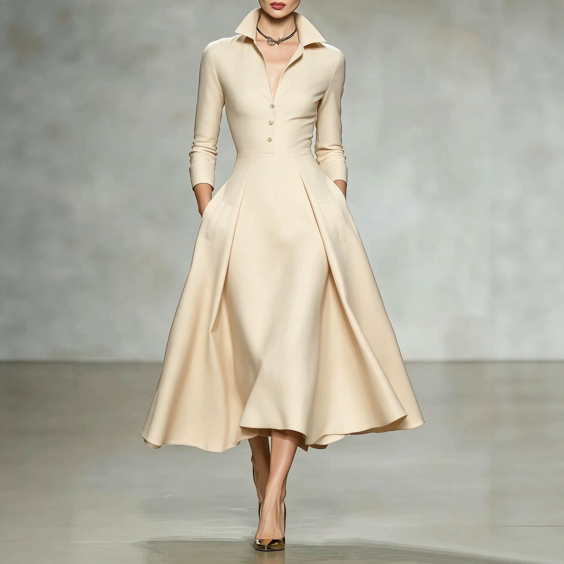 V-Neck Cinched-Waist Long-Sleeve Dress