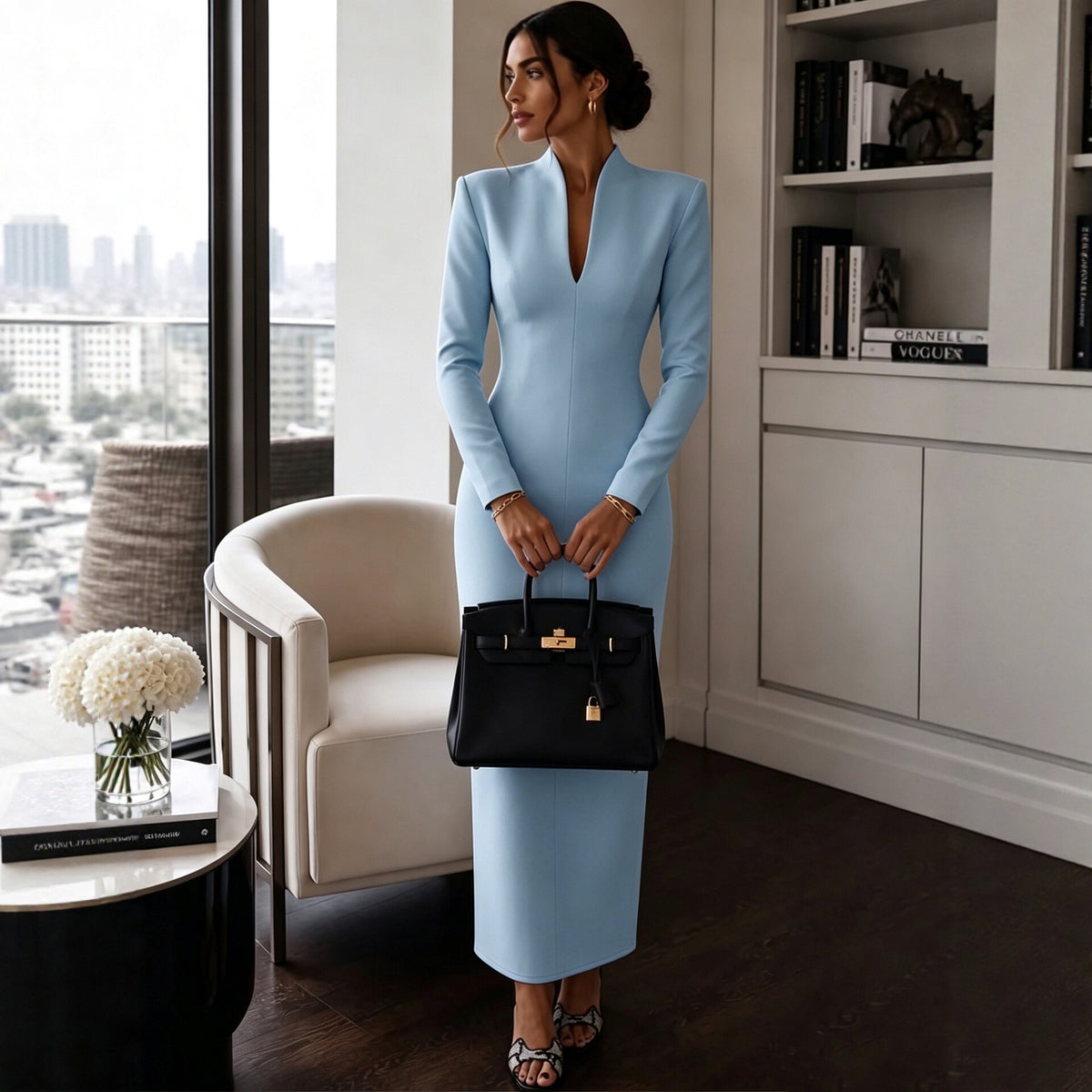 Stand-Collar V-Neck Evening Maxi Dress