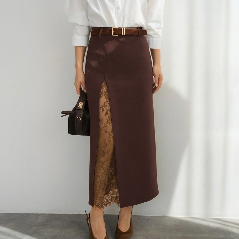 Lace-Trim Side-Slit Maxi Skirt