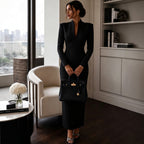 Stand-Collar V-Neck Evening Maxi Dress