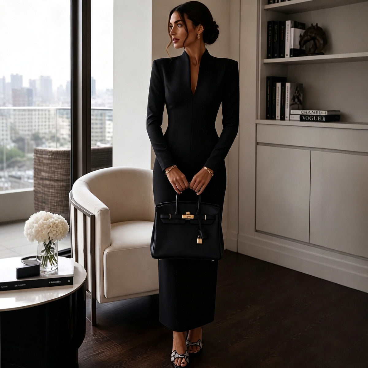Stand-Collar V-Neck Evening Maxi Dress