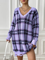 Colour-Block Plaid Knitted Midi Dress - view 8
