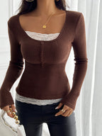Lace-Panel Button Long-Sleeve Top
