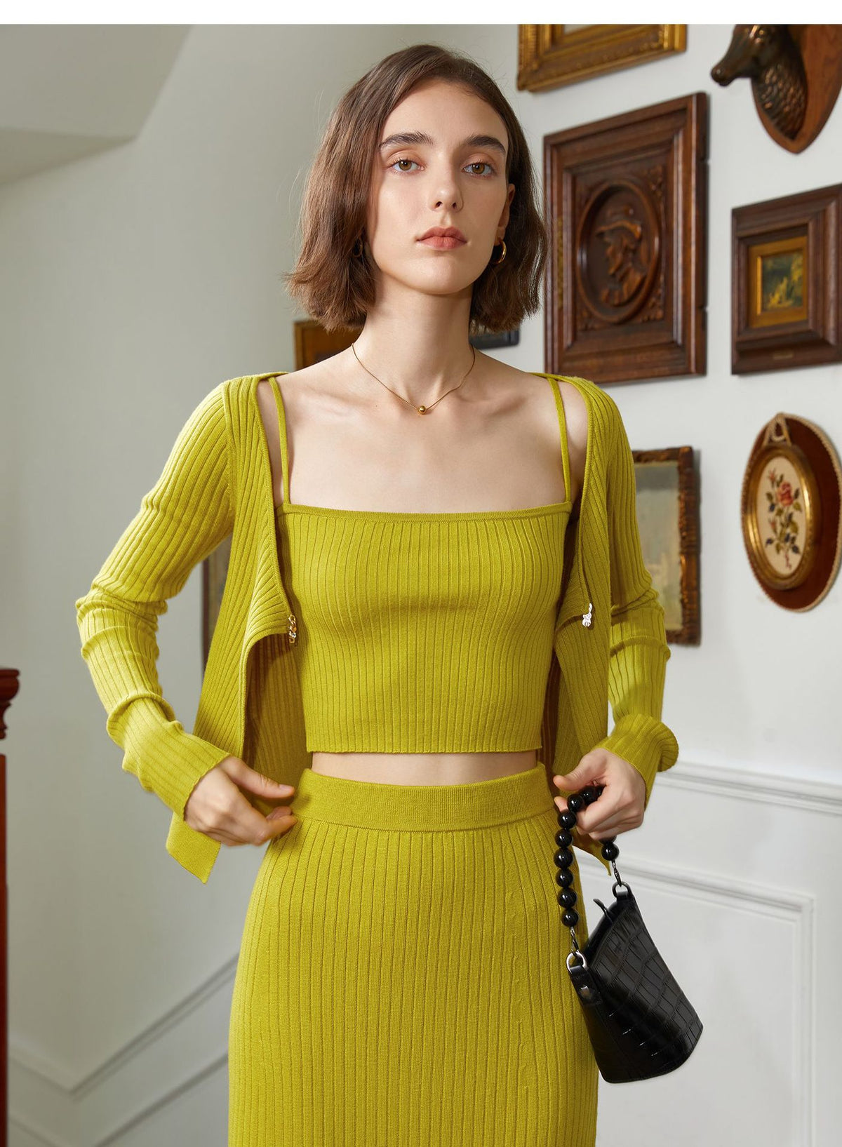 Three-Piece Knit Set: Cami, Cardigan & Skirt