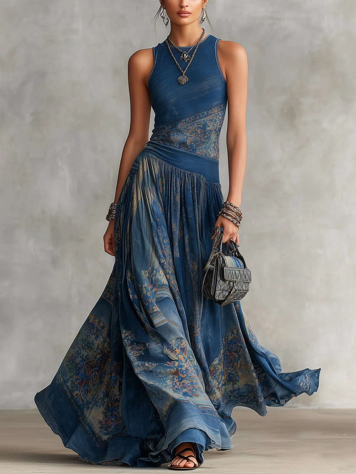Robe sans manches imprimée avec élégante jupe ronde évasée