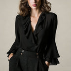 Encantadora blusa de volantes para mujer, camisa de manga larga con cuello en V, estilo elegante, top femenino