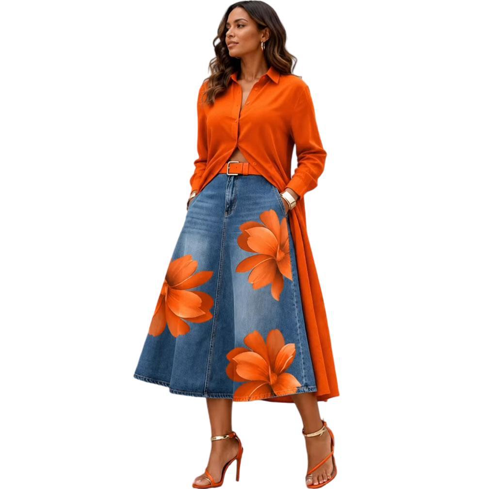 Floral Washed-Denim Midi Skirt — product image 25
