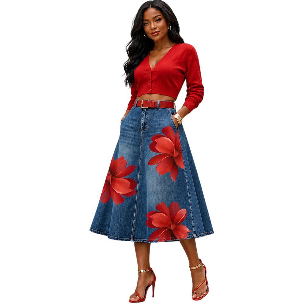 Floral Washed-Denim Midi Skirt — product image 23