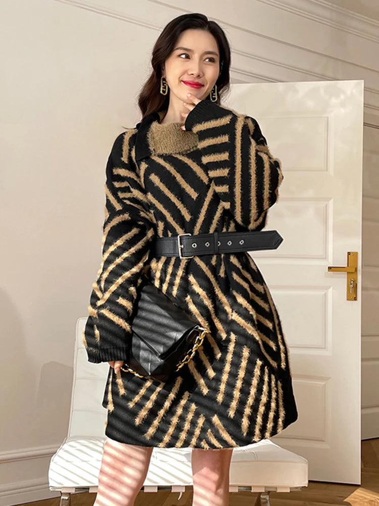 Striped Turtleneck Belted Sweater