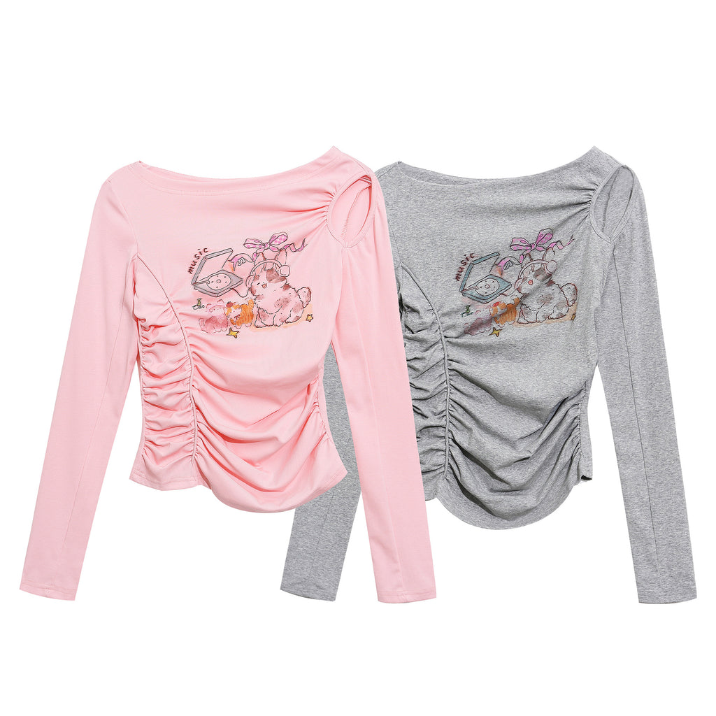 Top básico con estampado de dibujos animados y hombros descubiertos, top de estilo dulce y picante que estiliza la cintura con fruncido en un solo hombro