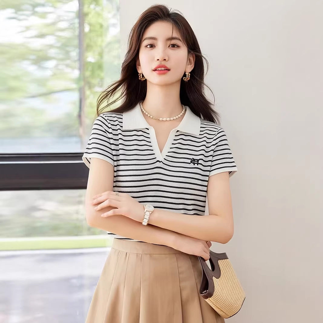 Camiseta de manga corta con cuello vuelto elegante para mujer, talla grande, cuello polo informal, ajuste entallado