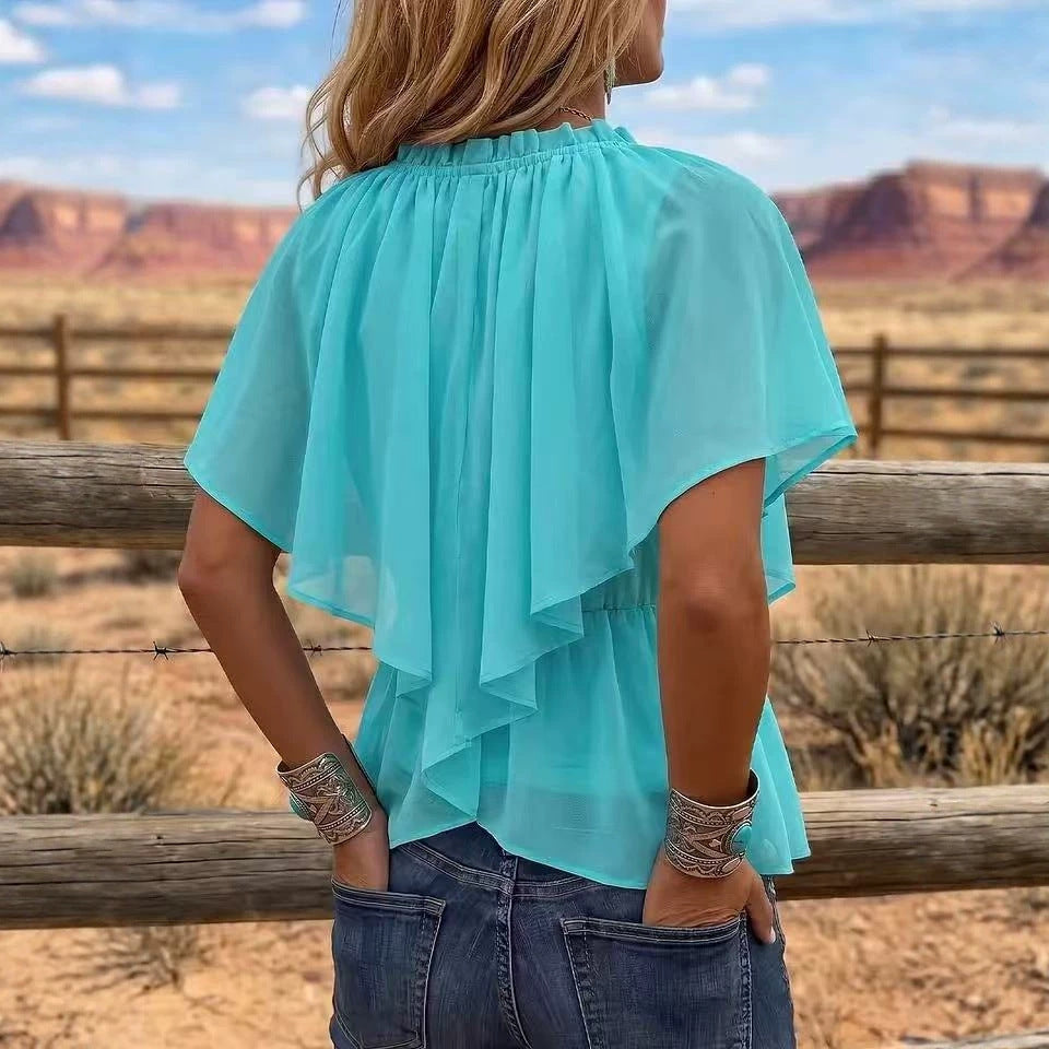 Pleated Ruffle Flare-Sleeve Blouse