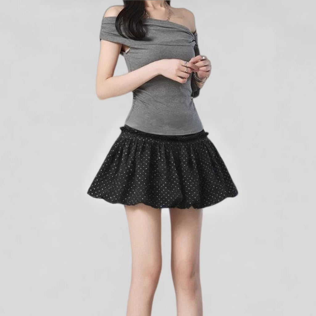 Black Lace-Trim Polka-Dot Midi Skirt