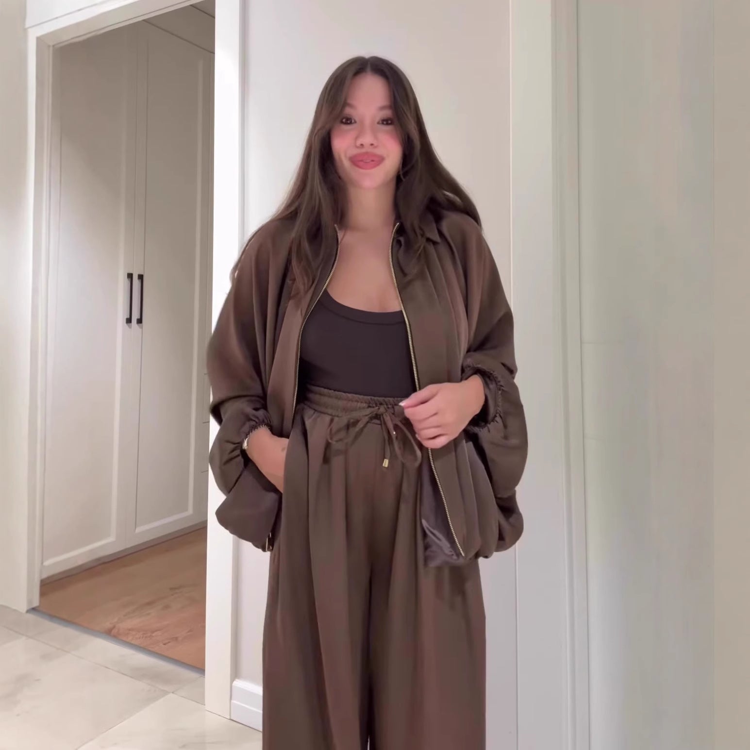 Lapel Jacket and Wide-Leg Pants Set