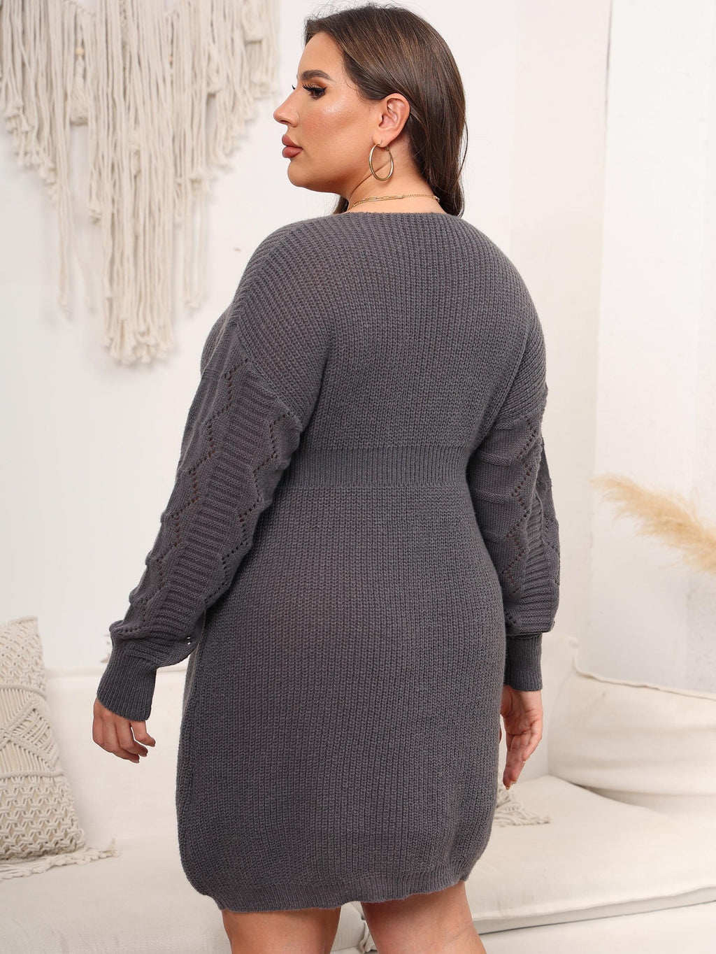 Crochet-Panel V-Neck Knit Dress — product image 15