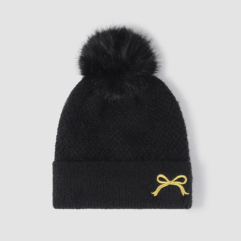 Bow Pom-Pom Thermal Knit Hat