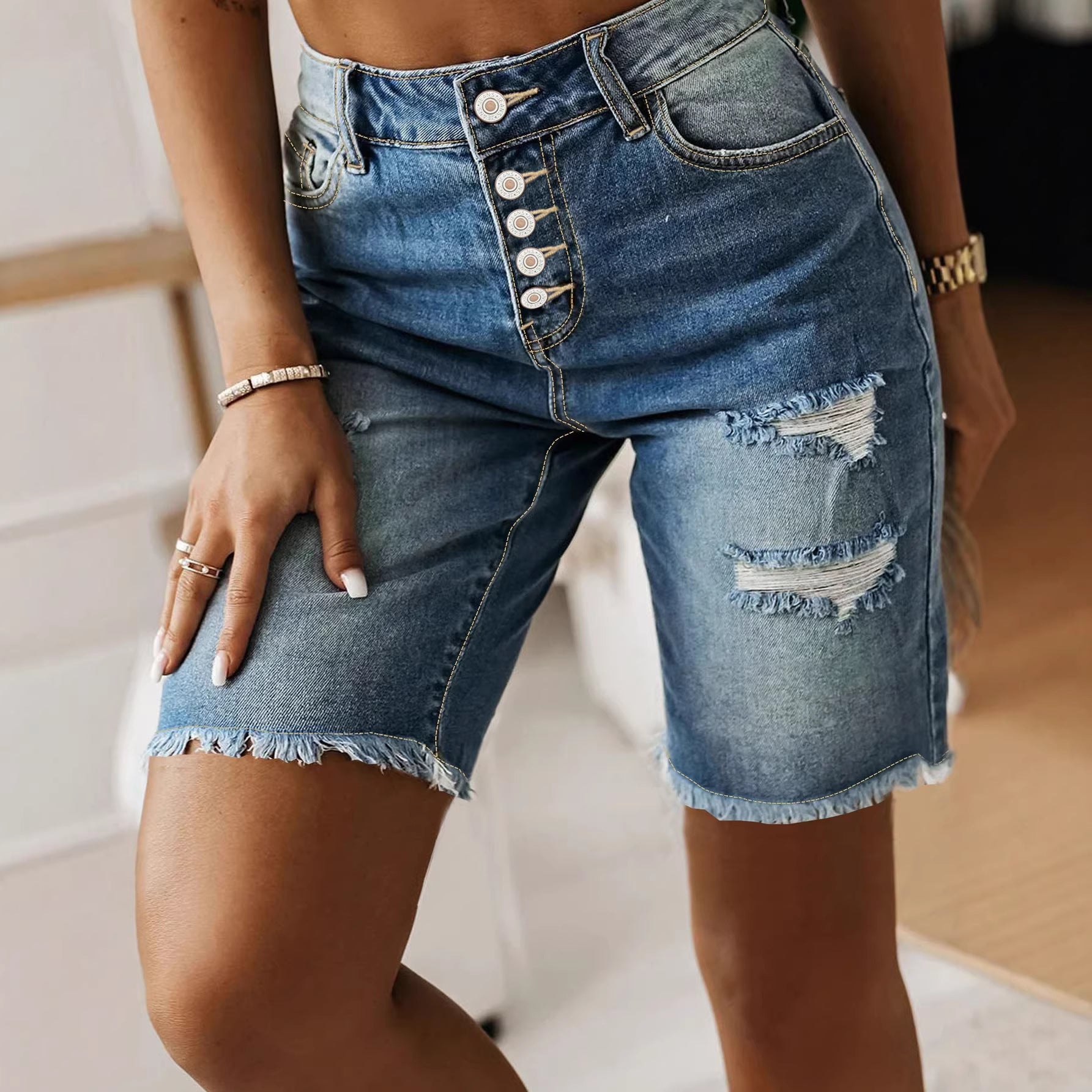 Short en jean en coton, été, mi-long, ourlet effiloché, déchiré, taille haute