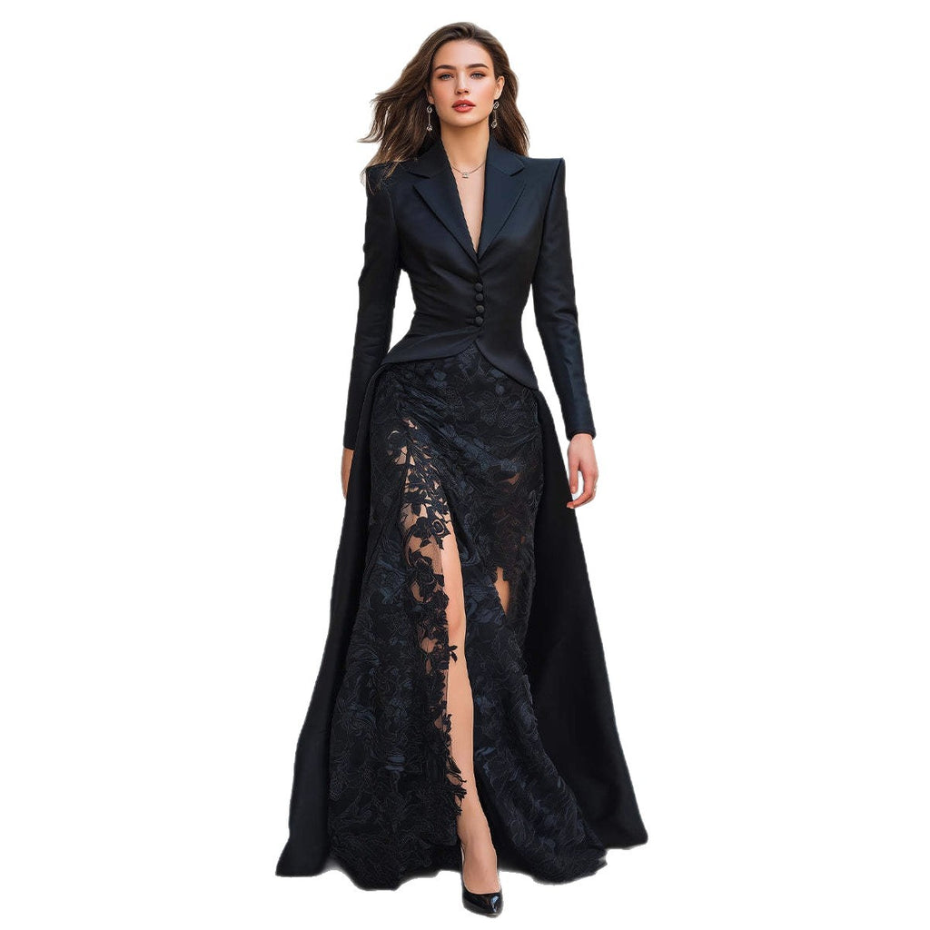 Vestido de dos piezas de manga larga con cuello de traje y encaje elegante