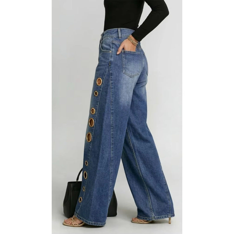 Eyelet High-Waist Wide-Leg Jeans