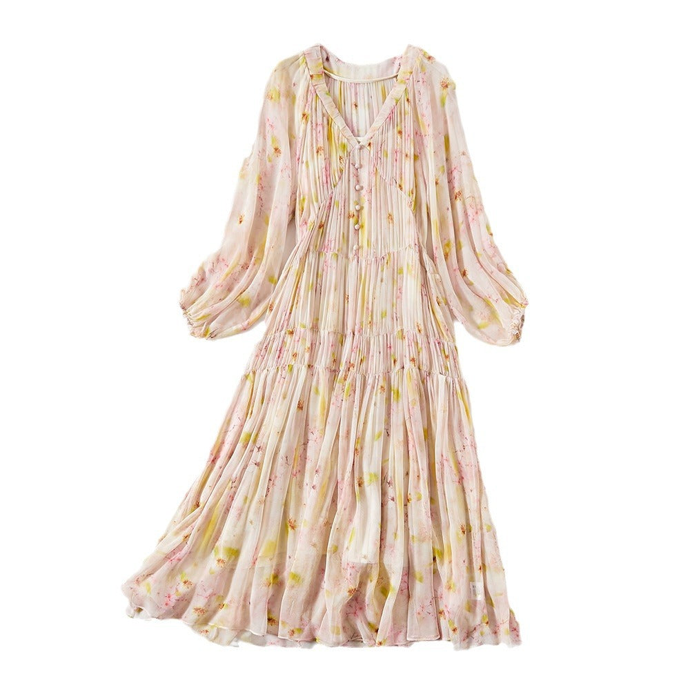 Robe en soie style romantique pour le bureau, élégante, en soie de mûrier longue