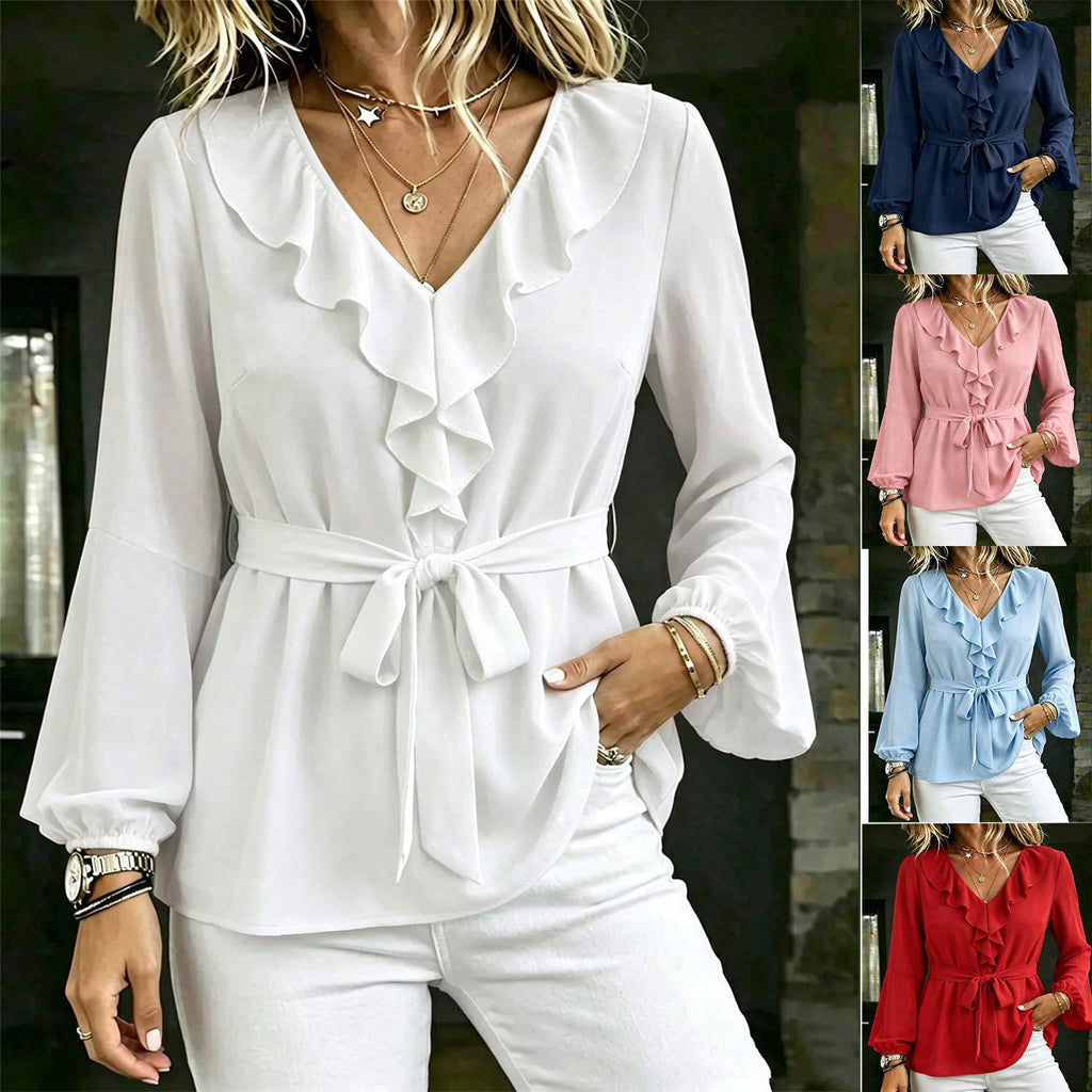 Ruffle Tie-Waist V-Neck Blouse