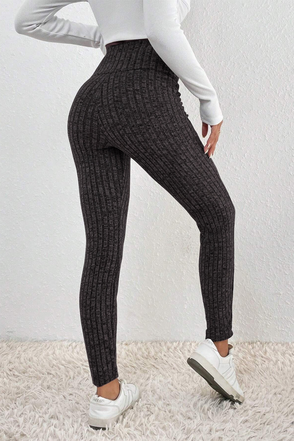 Legging en maille texturée côtelée à large ceinture gris foncé