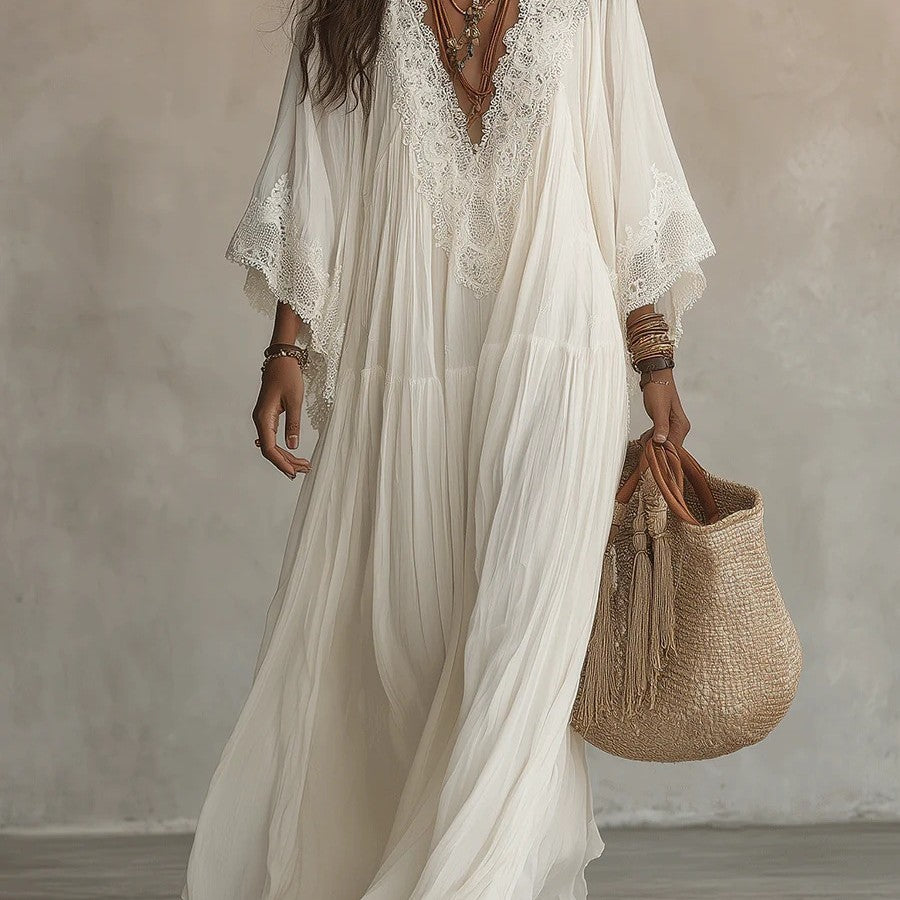 Robe longue de plage en patchwork de dentelle, col en V, pour les vacances