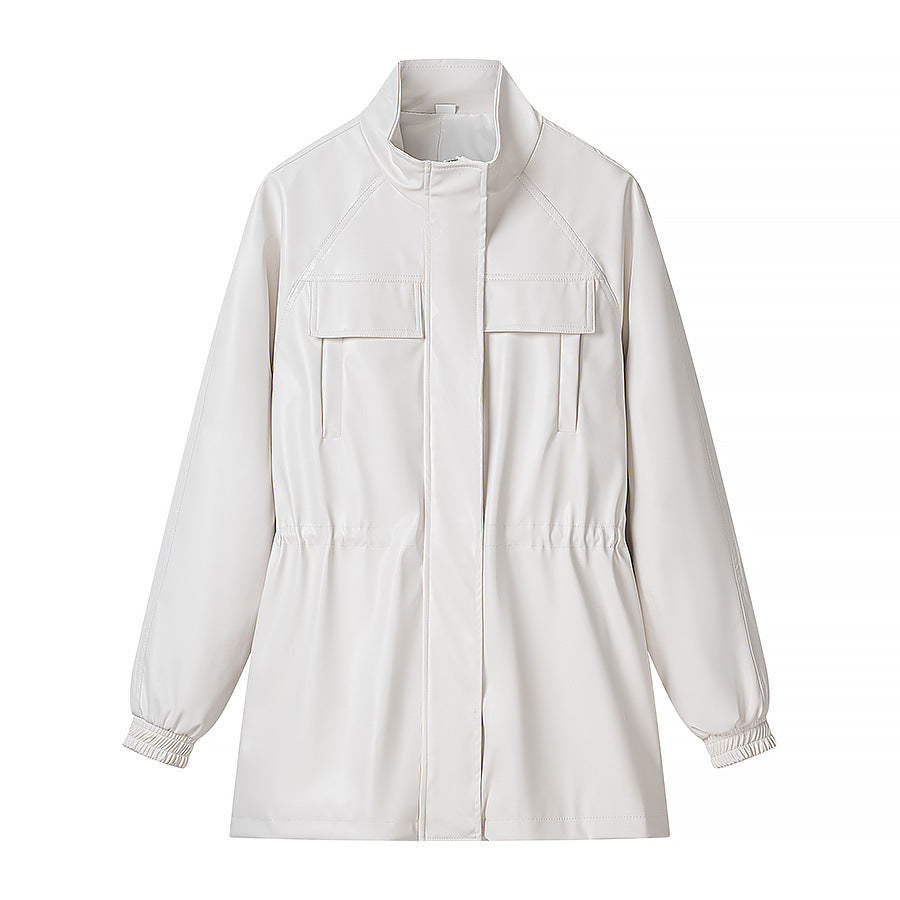 Stand-Collar Belted Faux-Leather Jacket