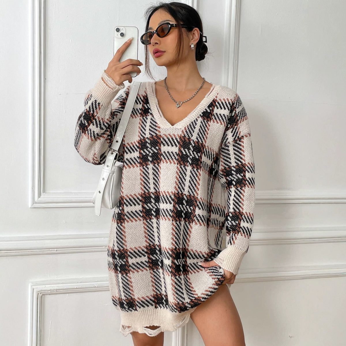 Colour-Block Plaid Knitted Midi Dress - view 4