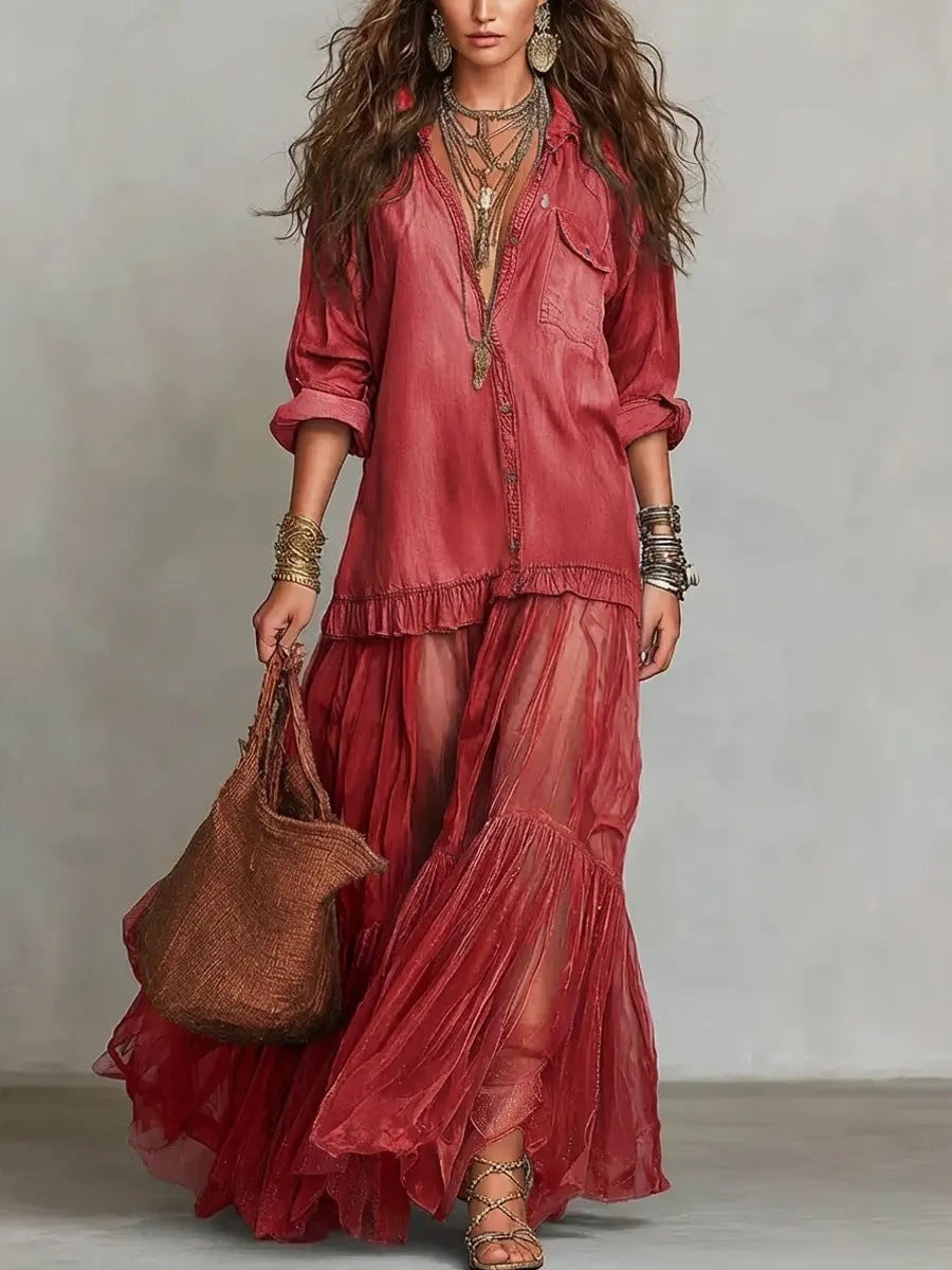 Vintage-Wash Denim Maxi Dress