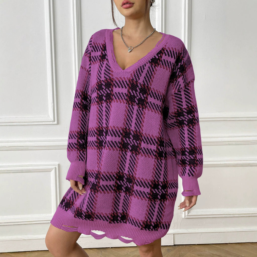 Colour-Block Plaid Knitted Midi Dress - view 2