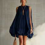Robe trapèze plissée sans manches pour femme avec ourlet volanté et fronces