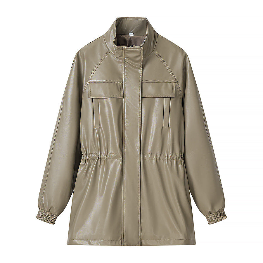 Stand-Collar Belted Faux-Leather Jacket