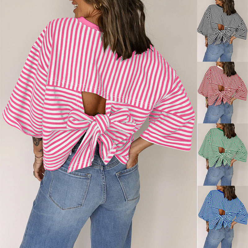 Striped Bow-Back Pullover Top