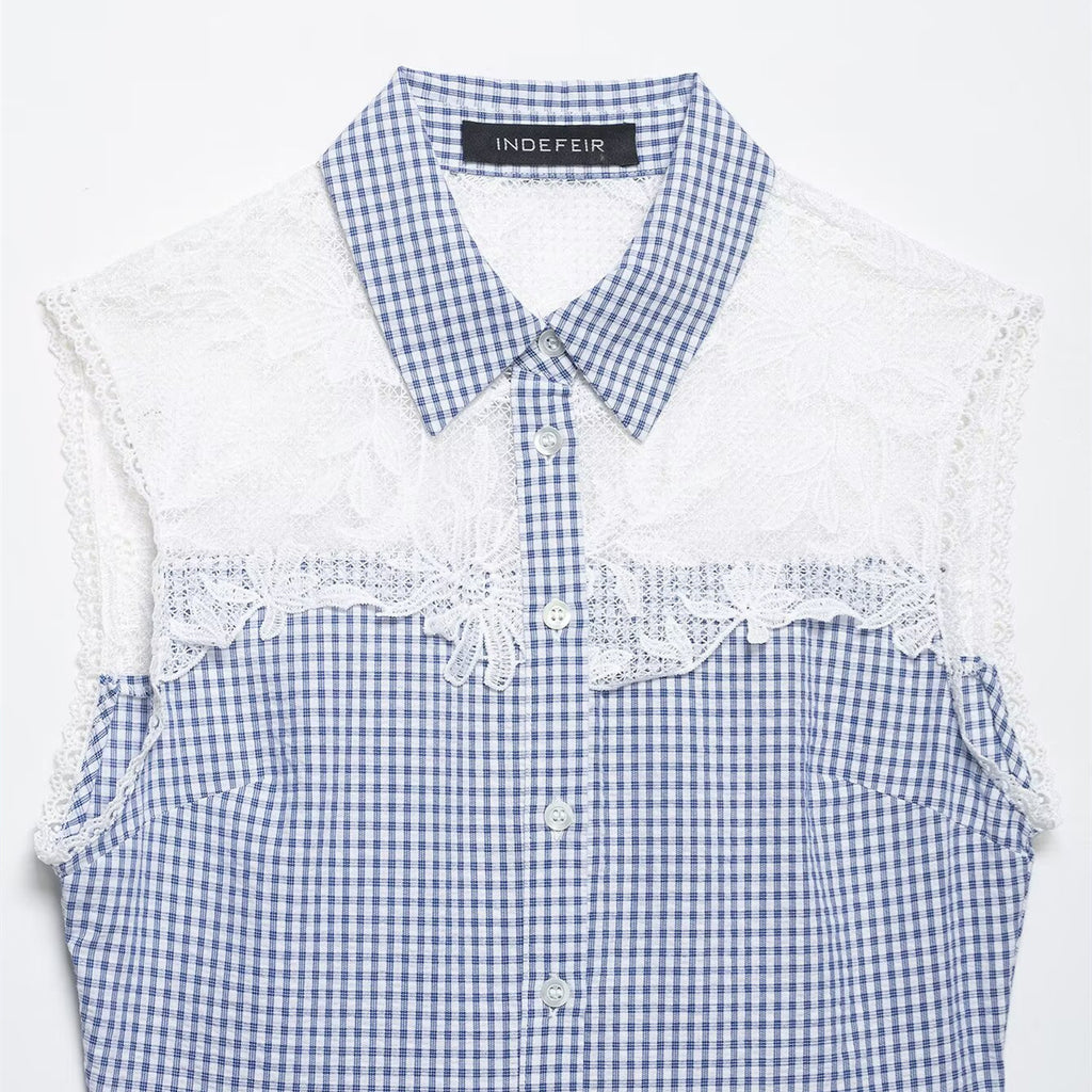 Plaid Lace-Trim Sleeveless Shirt